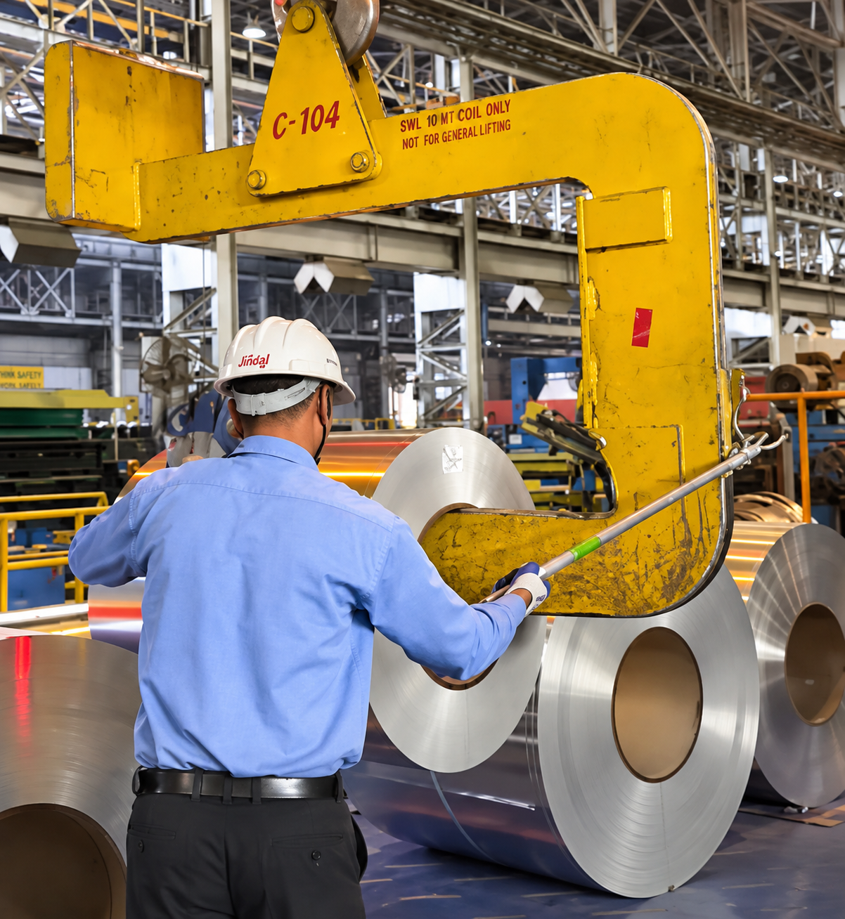 Worker positioning a large steel coil with a PSC tool