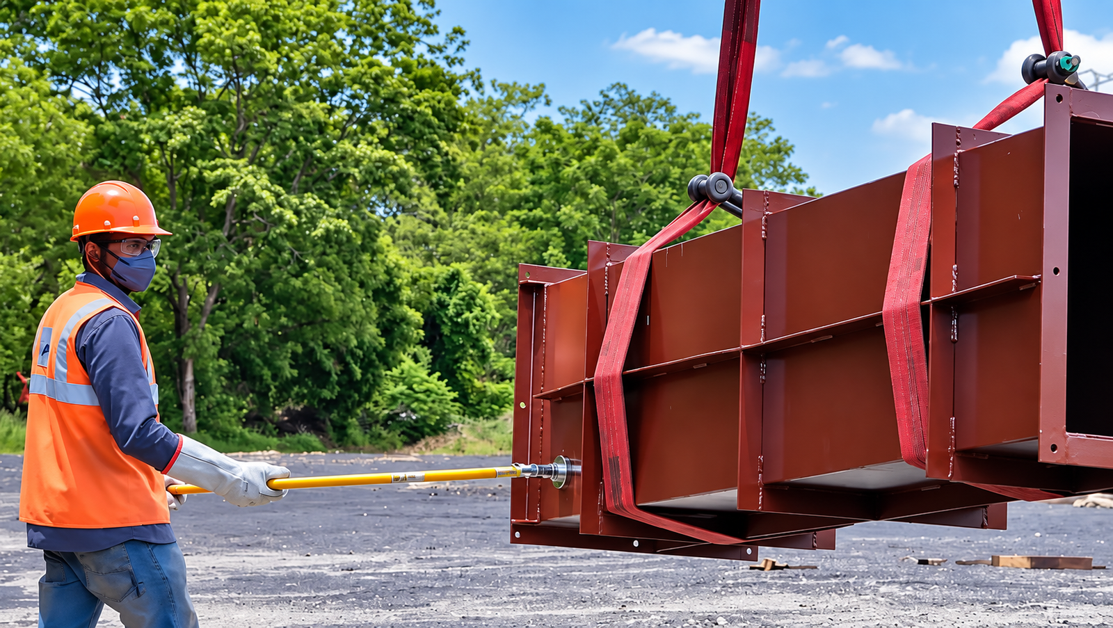 Worker controlling a suspended steel load with a long PSC tool