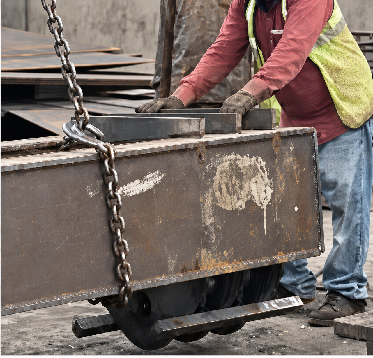 Worker placing hands directly on a suspended steel load